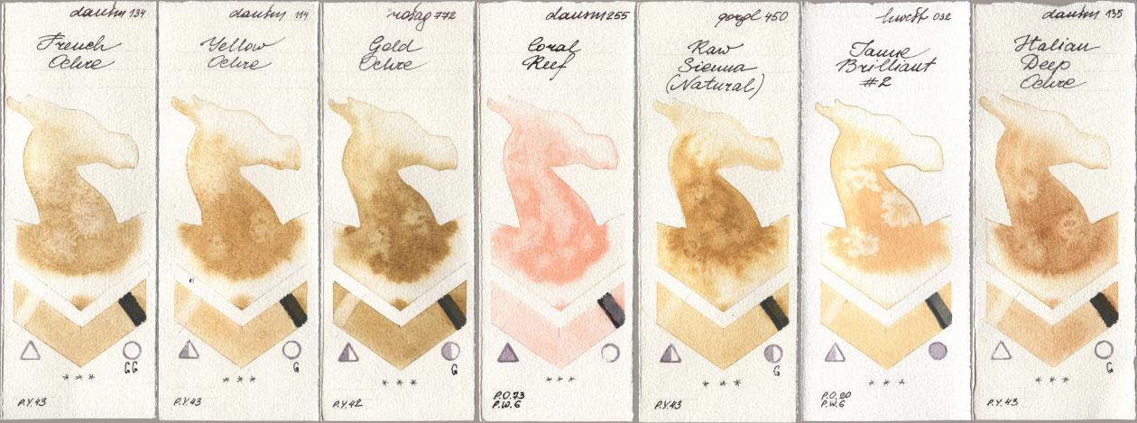 Daniel Smith 134 French Ochre, 114 Yellow Ochre, Rosa Gallery 772 Gold Ochre, 255 Coral Reef, Golden QOR 450 Raw Sienna (Natural), Holbein Artists Watercolor 032 Jaune Brillant No 2, 135 Italian Deep Och watercolor swatch