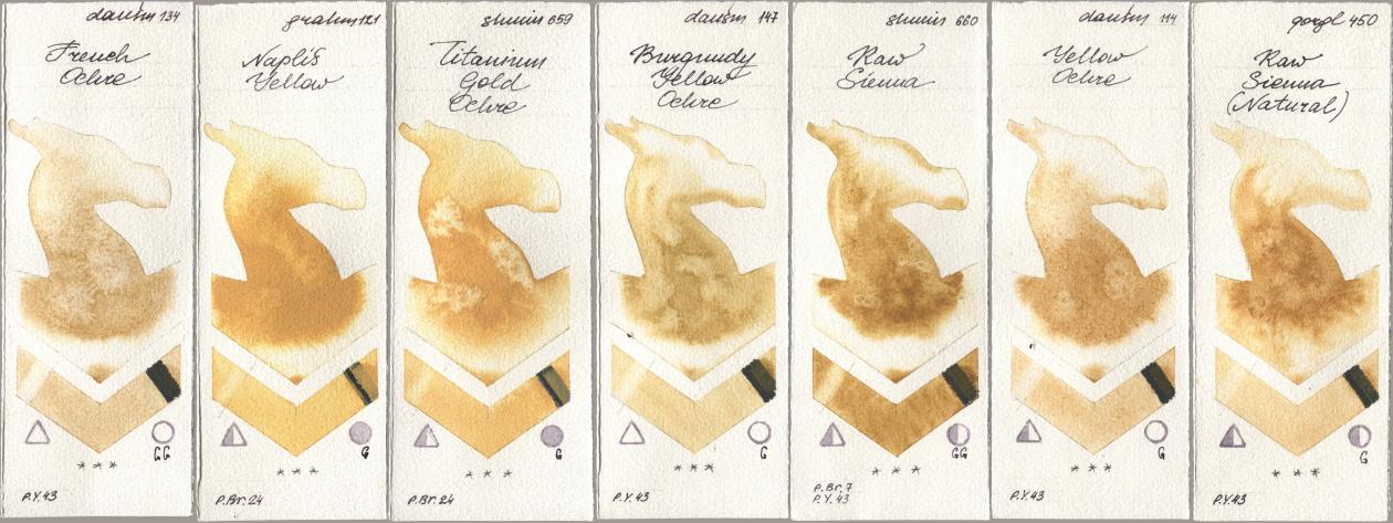 Daniel Smith 134 French Ochre, M. Graham & Co. Artists 121 Naples Yellow, Shminke Horadam Aquarell 659 Titanium Gold Ochre, 147 Burgundy Yellow Ochre, 660 Raw Sienna, 114 Yellow Ochre, Golden QOR 450 Raw Sienna (Natura watercolor swatch
