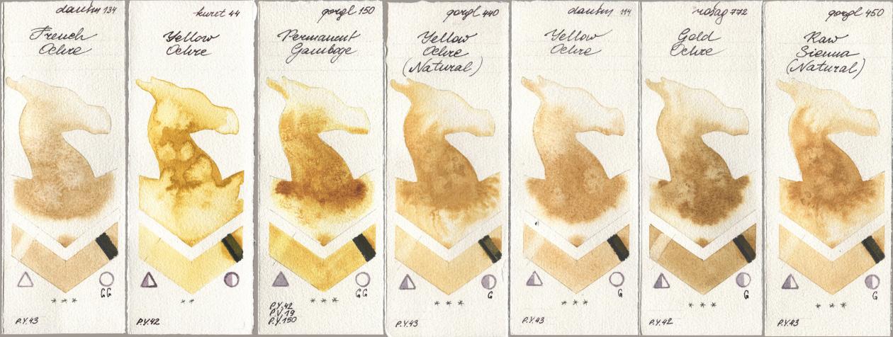 Daniel Smith 134 French Ochre, Kuretake Gansai Tambi 044 Yellow Ochre, Golden QOR 150 Permanent Gamboge, 440 Yellow Ochre (Natural), 114 Yellow Ochre, Rosa Gallery 772 Gold Ochre, 450 Raw Sienna (Natura watercolor swatch
