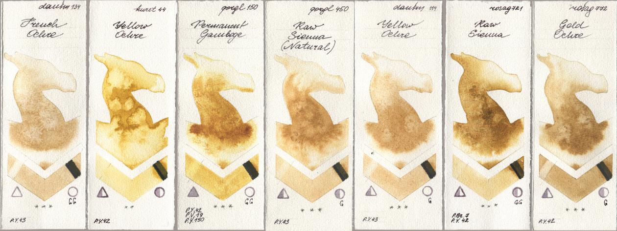 Daniel Smith 134 French Ochre, Kuretake Gansai Tambi 044 Yellow Ochre, Golden QOR 150 Permanent Gamboge, 450 Raw Sienna (Natural), 114 Yellow Ochre, Rosa Gallery 721 Raw Sienna, 772 Gold Och watercolor swatch