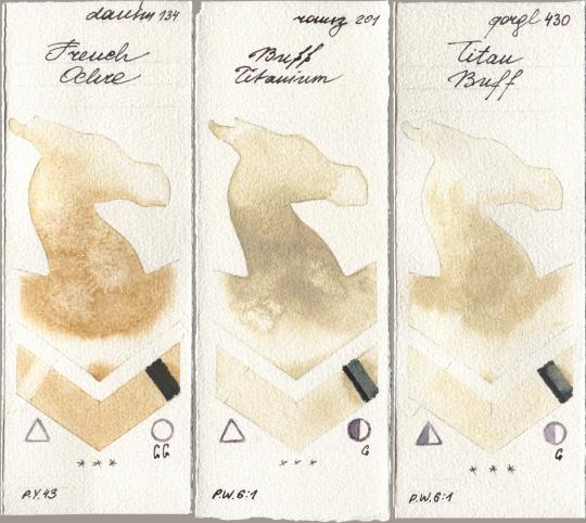 Daniel Smith 134 French Ochre, Roman Szmal Aquarius 201 Buff Titanium, Golden QOR 430 Titan Bu watercolor swatch