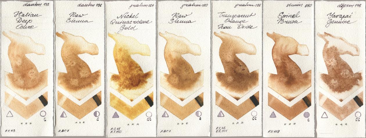 Daniel Smith 135 Italian Deep Ochre, 096 Raw Sienna, M. Graham & Co. Artists 124 Nickel Quinacridone Gold, 160 Raw Sienna, 186 Transparent Orange Iron Oxide, Shminke Horadam Aquarell 650 Spinel Brown, 146 Yavapai Genui watercolor swatch
