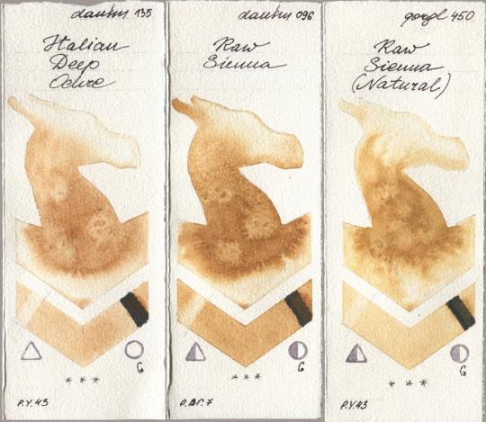 Daniel Smith 135 Italian Deep Ochre, 096 Raw Sienna, Golden QOR 450 Raw Sienna (Natura watercolor swatch