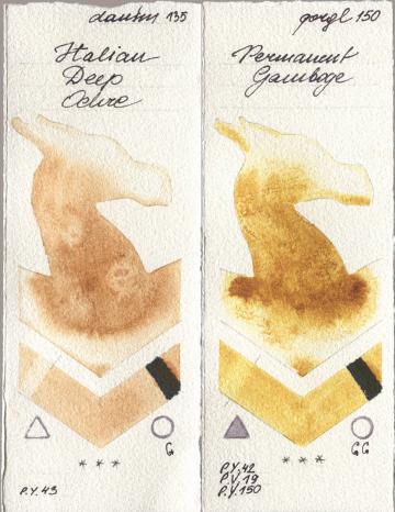 Daniel Smith 135 Italian Deep Ochre, Golden QOR 150 Permanent Gambo watercolor swatch
