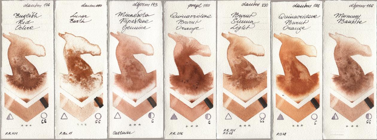 Daniel Smith 136 English Red Ochre, 050 Lunar Earth, 143 Minnesota Pipestone Genuine, Golden QOR 165 Quinacridone Burnt Orange, 230 Burnt Sienna Light, 086 Quinacridone Burnt Orange, 166 Mummy Bauxi watercolor swatch