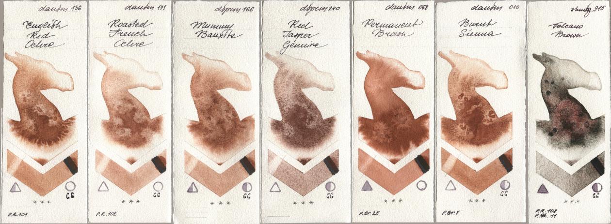 Daniel Smith 136 English Red Ochre, 171 Roasted French Ochre, 166 Mummy Bauxite, 240 Red Jasper Genuine, 068 Permanent Brown, 010 Burnt Sienna, Shminke Horadam Aquarell 915 Volcano Bro watercolor swatch