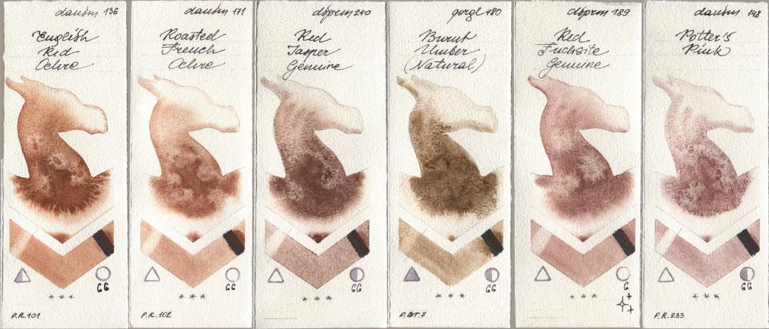 Daniel Smith 136 English Red Ochre, 171 Roasted French Ochre, 240 Red Jasper Genuine, Golden QOR 480 Burnt Umber (Natural), 189 Red Fuchsite Genuine, 148 Potters Pi watercolor swatch