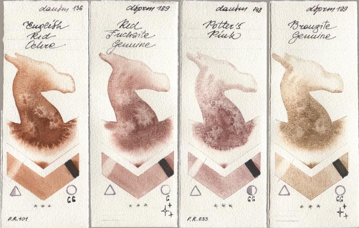 Daniel Smith 136 English Red Ochre, 189 Red Fuchsite Genuine, 148 Potters Pink, 199 Bronzite Genui watercolor swatch