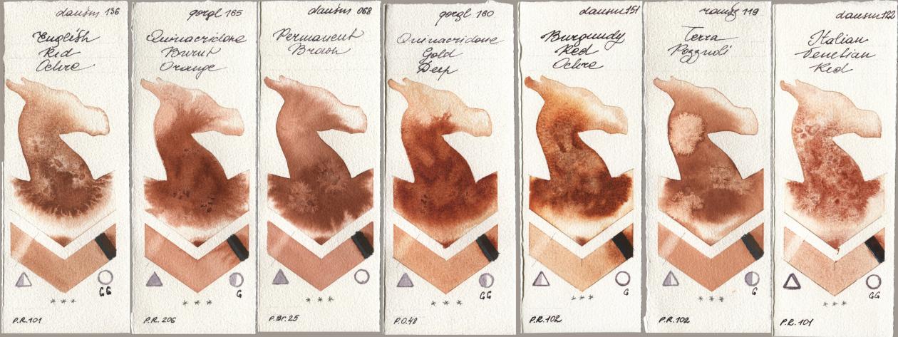 Daniel Smith 136 English Red Ochre, Golden QOR 165 Quinacridone Burnt Orange, 068 Permanent Brown, 160 Quinacridone Gold Deep, 151 Burgundy Red Ochre, Roman Szmal Aquarius 119 Terra Pozzuoli, 122 Italian Venetian R watercolor swatch