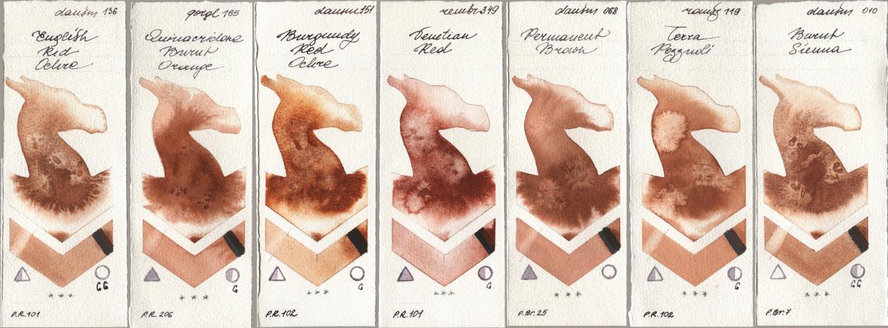 Daniel Smith 136 English Red Ochre, Golden QOR 165 Quinacridone Burnt Orange, 151 Burgundy Red Ochre, Royal Talens Rembrandt Watercolour 349 Venerian Red, 068 Permanent Brown, Roman Szmal Aquarius 119 Terra Pozzuoli, 010 Burnt Sien watercolor swatch