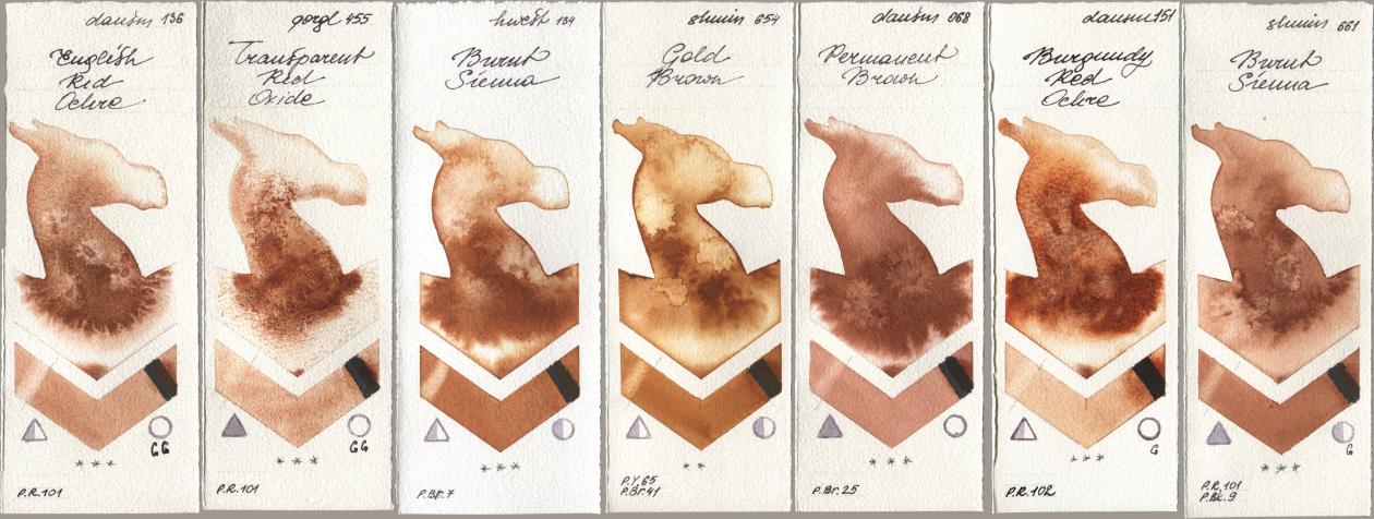 Daniel Smith 136 English Red Ochre, Golden QOR 455 Transparent Red Oxide, Holbein Artists Watercolor 134 Burnt Sienna, Shminke Horadam Aquarell 654 Gold Brown, 068 Permanent Brown, 151 Burgundy Red Ochre, 661 Burnt Sien watercolor swatch