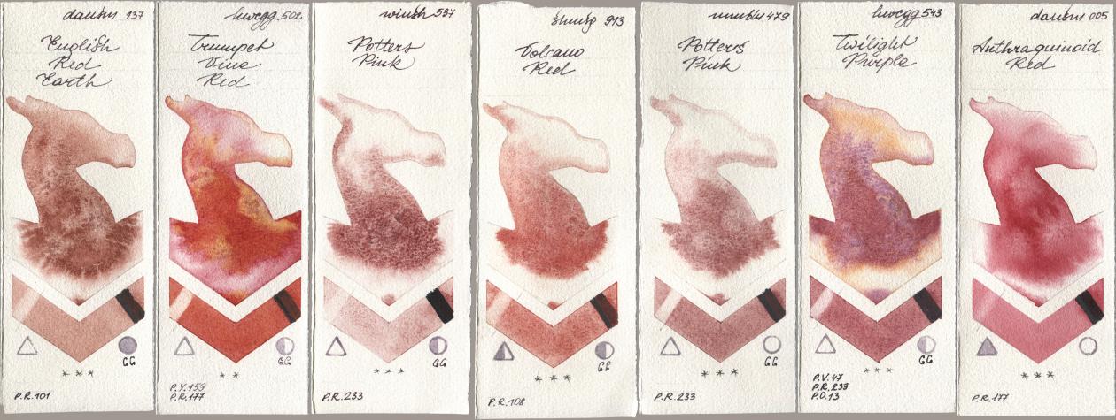 Daniel Smith 137 English Red Earth, Holbein Artists Watercolor 502 Trumpet Vine Red, Winsor & Newton Professional 537 Potters Pink, Shminke Horadam Aquarell 913 Volcano Red, Maimeri Blu 479 Potters Pink, 543 Twilight Purple, 005 Anthraquinoid R watercolor swatch
