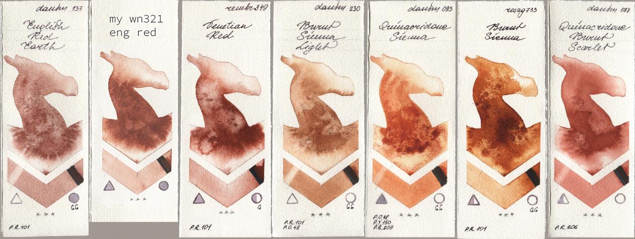 Daniel Smith 137 English Red Earth, my 034 eng red, Royal Talens Rembrandt Watercolour 349 Venerian Red, 230 Burnt Sienna Light, 093 Quinacridone Sienna, Rosa Gallery 733 Burnt Sienna, 087 Quinacridone Burnt Scarl watercolor swatch