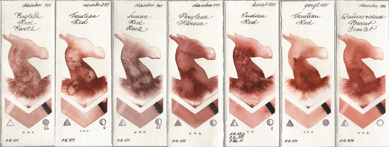 Daniel Smith 137 English Red Earth, Royal Talens Rembrandt Watercolour 349 Venerian Red, 141 Lunar Red Rock, 074 Perylene Maroon, Kuretake Gansai Tambi 071 Indian Red, Golden QOR 465 Venetian Red, 087 Quinacridone Burnt Scarl watercolor swatch