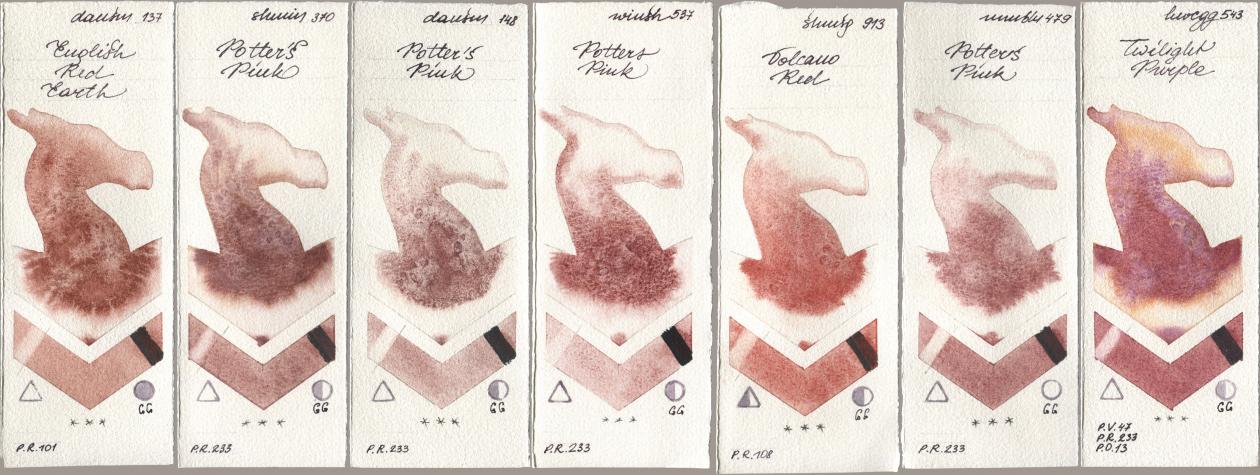 Daniel Smith 137 English Red Earth, Shminke Horadam Aquarell 370 Potters Pink, 148 Potters Pink, Winsor & Newton Professional 537 Potters Pink, 913 Volcano Red, Maimeri Blu 479 Potters Pink, Holbein Artists Watercolor 543 Twilight Purp watercolor swatch