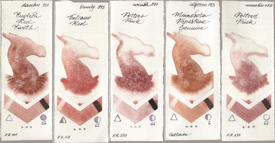 Daniel Smith 137 English Red Earth, Shminke Horadam Aquarell 913 Volcano Red, Winsor & Newton Professional 537 Potters Pink, 143 Minnesota Pipestone Genuine, Maimeri Blu 479 Potters Pi watercolor swatch