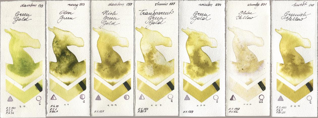 Daniel Smith 139 Green Gold, Rosa Gallery 713 Olive Green, 099 Rich Green Gold, Shminke Horadam Aquarell 537 Transparent Green Gold, Winsor & Newton Professional 294 Green Gold, 931 Shire Yellow, Holbein Artists Watercolor 046 Greenish Yell watercolor swatch
