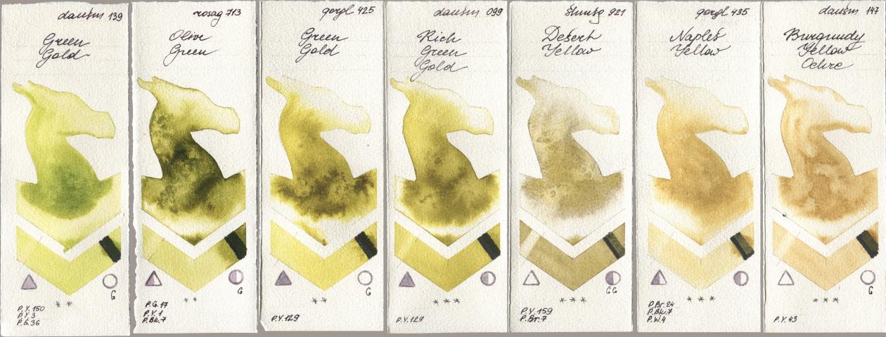 Daniel Smith 139 Green Gold, Rosa Gallery 713 Olive Green, Golden QOR 425 Green Gold, 099 Rich Green Gold, Shminke Horadam Aquarell 921 Desert Yellow, 435 Naples Yellow, 147 Burgundy Yellow Och watercolor swatch