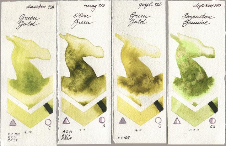 Daniel Smith 139 Green Gold, Rosa Gallery 713 Olive Green, Golden QOR 425 Green Gold, 190 Serpentine Genui watercolor swatch