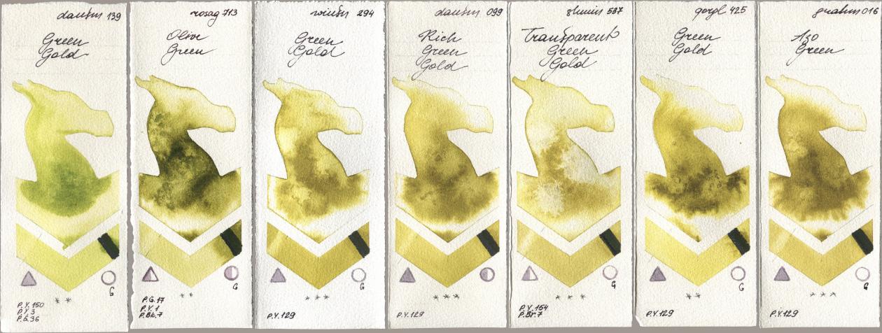 Daniel Smith 139 Green Gold, Rosa Gallery 713 Olive Green, Winsor & Newton Professional 294 Green Gold, 099 Rich Green Gold, Shminke Horadam Aquarell 537 Transparent Green Gold, Golden QOR 425 Green Gold, M. Graham & Co. Artists 016 Azo Gre watercolor swatch