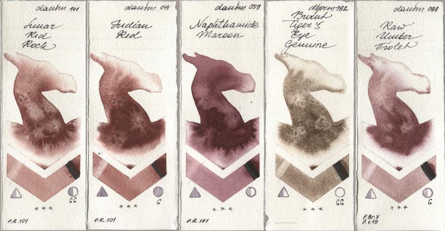 Daniel Smith 141 Lunar Red Rock, 044 Indian Red, 059 Naphthamide Maroon, 162 Burnt Tigers Eye Genuine, 098 Raw Umber Viol watercolor swatch