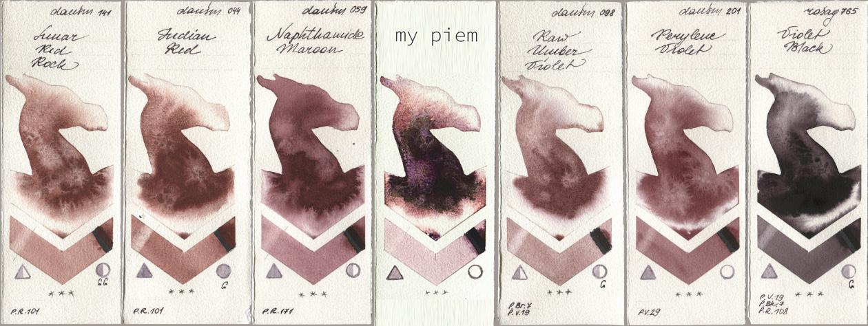 Daniel Smith 141 Lunar Red Rock, 044 Indian Red, 059 Naphthamide Maroon, my 191 piem, 098 Raw Umber Violet, 201 Perylene Violet, Rosa Gallery 765 Violet Bla watercolor swatch
