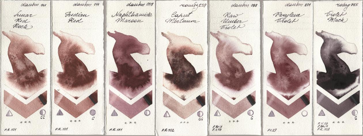 Daniel Smith 141 Lunar Red Rock, 044 Indian Red, 059 Naphthamide Maroon, Roman Szmal Aquarius 239 Caput Mortuum, 098 Raw Umber Violet, 201 Perylene Violet, Rosa Gallery 765 Violet Bla watercolor swatch