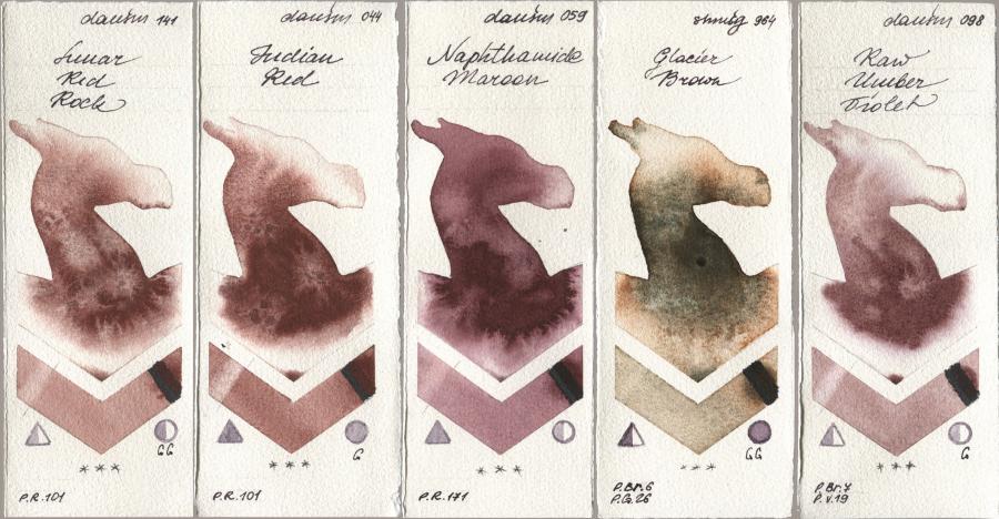 Daniel Smith 141 Lunar Red Rock, 044 Indian Red, 059 Naphthamide Maroon, Shminke Horadam Aquarell 964 Glacier Brown, 098 Raw Umber Viol watercolor swatch