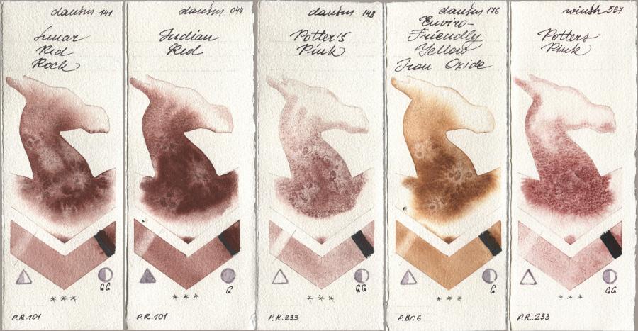 Daniel Smith 141 Lunar Red Rock, 044 Indian Red, 148 Potters Pink, 176 Enviro-Friendly Yellow Iron Oxide, Winsor & Newton Professional 537 Potters Pi watercolor swatch
