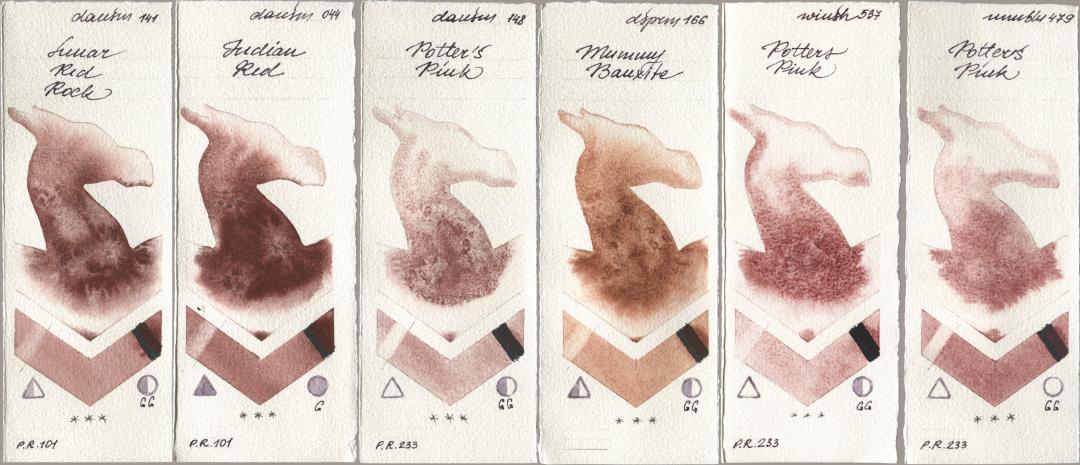 Daniel Smith 141 Lunar Red Rock, 044 Indian Red, 148 Potters Pink, 166 Mummy Bauxite, Winsor & Newton Professional 537 Potters Pink, Maimeri Blu 479 Potters Pi watercolor swatch