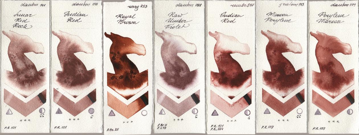 Daniel Smith 141 Lunar Red Rock, 044 Indian Red, Rosa Gallery 753 Royal Brown, 098 Raw Umber Violet, Royal Talens Rembrandt Watercolour 347 Indian Red, M. Graham & Co. Artists 113 Maroon Perylene, 074 Perylene Maro watercolor swatch