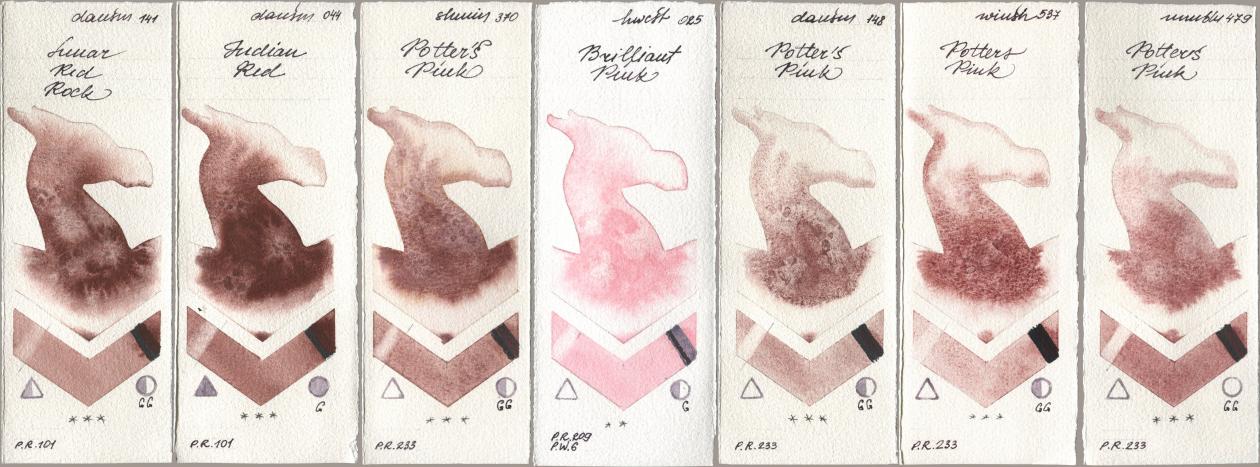 Daniel Smith 141 Lunar Red Rock, 044 Indian Red, Shminke Horadam Aquarell 370 Potters Pink, Holbein Artists Watercolor 025 Brilliant Pink, 148 Potters Pink, Winsor & Newton Professional 537 Potters Pink, Maimeri Blu 479 Potters Pi watercolor swatch