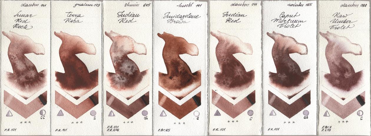 Daniel Smith 141 Lunar Red Rock, M. Graham & Co. Artists 179 Terra Rosa, Shminke Horadam Aquarell 645 Indian Red, Holbein Artists Watercolor 141 Imidazolone Brown, 044 Indian Red, Winsor & Newton Professional 125 Caput Mortuum Violet, 098 Raw Umber Viol watercolor swatch