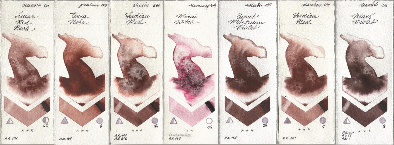Daniel Smith 141 Lunar Red Rock, M. Graham & Co. Artists 179 Terra Rosa, Shminke Horadam Aquarell 645 Indian Red, Rockwell 414 Morai Witch, Winsor & Newton Professional 125 Caput Mortuum Violet, 044 Indian Red, Holbein Artists Watercolor 113 Mars Viol watercolor swatch
