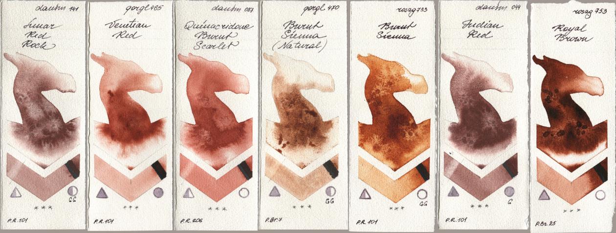 Daniel Smith 141 Lunar Red Rock, Golden QOR 465 Venetian Red, 087 Quinacridone Burnt Scarlet, 470 Burnt Sienna (Natural), Rosa Gallery 733 Burnt Sienna, 044 Indian Red, 753 Royal Bro watercolor swatch