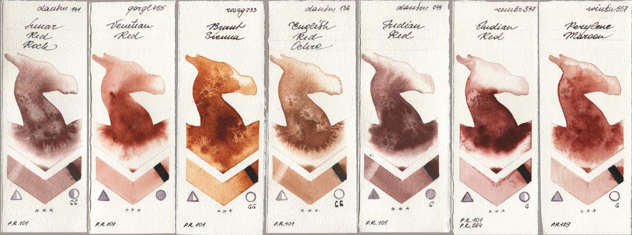 Daniel Smith 141 Lunar Red Rock, Golden QOR 465 Venetian Red, Rosa Gallery 733 Burnt Sienna, 136 English Red Ochre, 044 Indian Red, Royal Talens Rembrandt Watercolour 347 Indian Red, Winsor & Newton Professional 507 Perylene Maro watercolor swatch