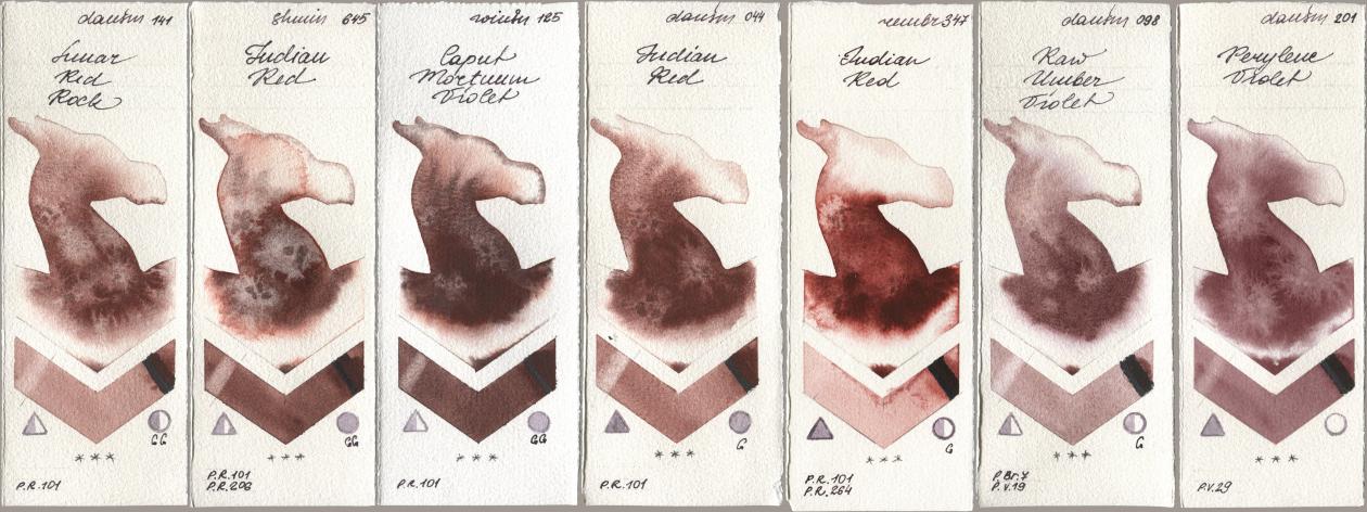 Daniel Smith 141 Lunar Red Rock, Shminke Horadam Aquarell 645 Indian Red, Winsor & Newton Professional 125 Caput Mortuum Violet, 044 Indian Red, Royal Talens Rembrandt Watercolour 347 Indian Red, 098 Raw Umber Violet, 201 Perylene Viol watercolor swatch