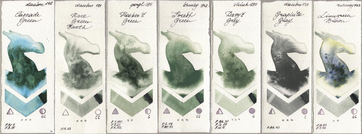 Daniel Smith 142 Cascade Green, 181 Rare Green Earth, Golden QOR 395 Hookers Green, Shminke Horadam Aquarell 942 Forest Green, Shinhan PWC 690 Davys Grey, 038 Graphite Gray, Rockwell 143 Limugreen Bro watercolor swatch