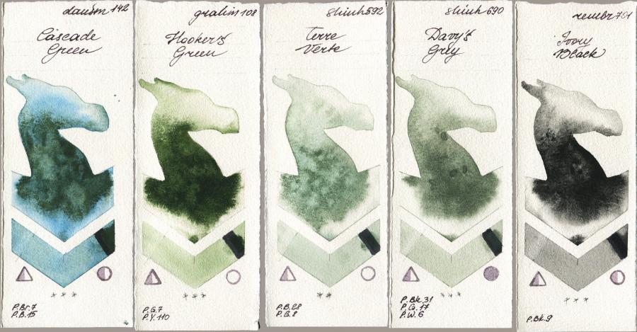 Daniel Smith 142 Cascade Green vs M. Graham & Co. Artists 108 Hookers Green vs Shinhan PWC 592 Terre Verte vs 690 Davys Grey vs Royal Talens Rembrandt Watercolour 701 Ivory Black watercolor swatch