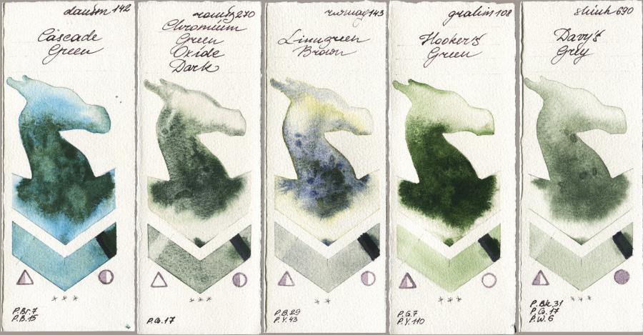 Daniel Smith 142 Cascade Green vs Roman Szmal Aquarius 270 Chromium Green Oxide Dark vs Rockwell 143 Limugreen Brown vs M. Graham & Co. Artists 108 Hookers Green vs Shinhan PWC 690 Davys Grey watercolor swatch