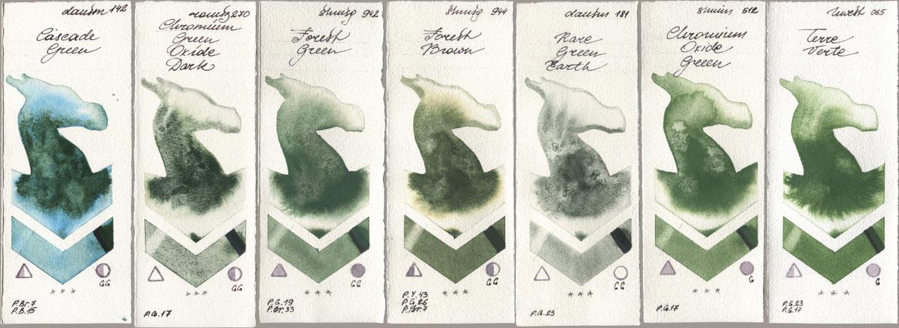 Daniel Smith 142 Cascade Green, Roman Szmal Aquarius 270 Chromium Green Oxide Dark, Shminke Horadam Aquarell 942 Forest Green, 944 Forest Brown, 181 Rare Green Earth, 512 Chromium Oxide Green, Holbein Artists Watercolor 065 Terre Ver watercolor swatch