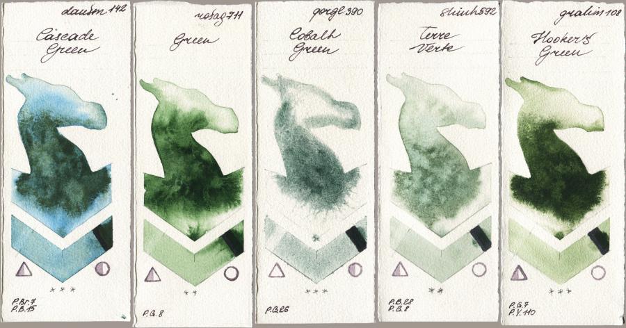 Daniel Smith 142 Cascade Green vs Rosa Gallery 711 Green vs Golden QOR 390 Cobalt Green vs Shinhan PWC 592 Terre Verte vs M. Graham & Co. Artists 108 Hookers Green watercolor swatch