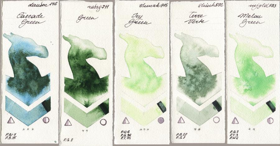 Daniel Smith 142 Cascade Green vs Rosa Gallery 711 Green vs Shminke Akademie Aquarell 915 Icy Green vs Shinhan PWC 592 Terre Verte vs Mijello Mission Gold 593 Melon Green watercolor swatch