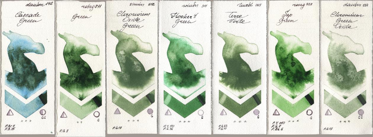 Daniel Smith 142 Cascade Green, Rosa Gallery 711 Green, Shminke Horadam Aquarell 512 Chromium Oxide Green, Winsor & Newton Professional 311 Hookers Green, Holbein Artists Watercolor 065 Terre Verte, 728 Sap Green, 024 Chromium Green Oxi watercolor swatch