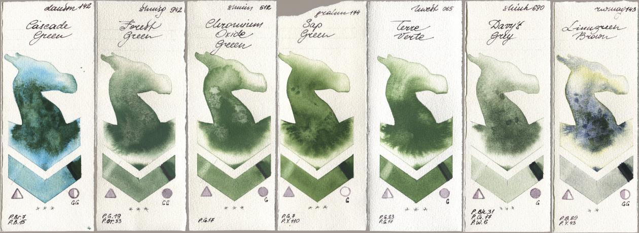 Daniel Smith 142 Cascade Green, Shminke Horadam Aquarell 942 Forest Green, 512 Chromium Oxide Green, M. Graham & Co. Artists 174 Sap Green, Holbein Artists Watercolor 065 Terre Verte, Shinhan PWC 690 Davys Grey, Rockwell 143 Limugreen Bro watercolor swatch