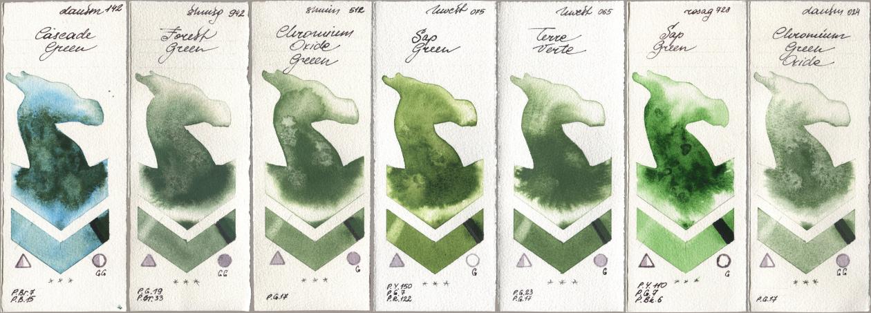 Daniel Smith 142 Cascade Green, Shminke Horadam Aquarell 942 Forest Green, 512 Chromium Oxide Green, Holbein Artists Watercolor 075 Sap Green, 065 Terre Verte, Rosa Gallery 728 Sap Green, 024 Chromium Green Oxi watercolor swatch