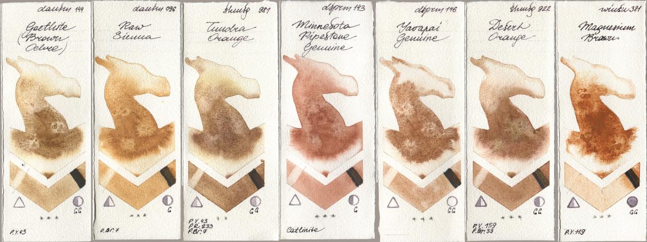 Daniel Smith 144 Goethite (Brown Ochre), 096 Raw Sienna, Shminke Horadam Aquarell 981 Tundra Orange, 143 Minnesota Pipestone Genuine, 146 Yavapai Genuine, 922 Desert Orange, Winsor & Newton Professional 381 Magnesuim Bro watercolor swatch