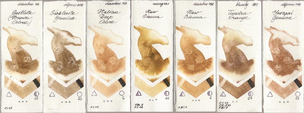 Daniel Smith 144 Goethite (Brown Ochre), 209 Sicklerite Genuine, 135 Italian Deep Ochre, Rosa Gallery 721 Raw Sienna, 096 Raw Sienna, Shminke Horadam Aquarell 981 Tundra Orange, 146 Yavapai Genui watercolor swatch