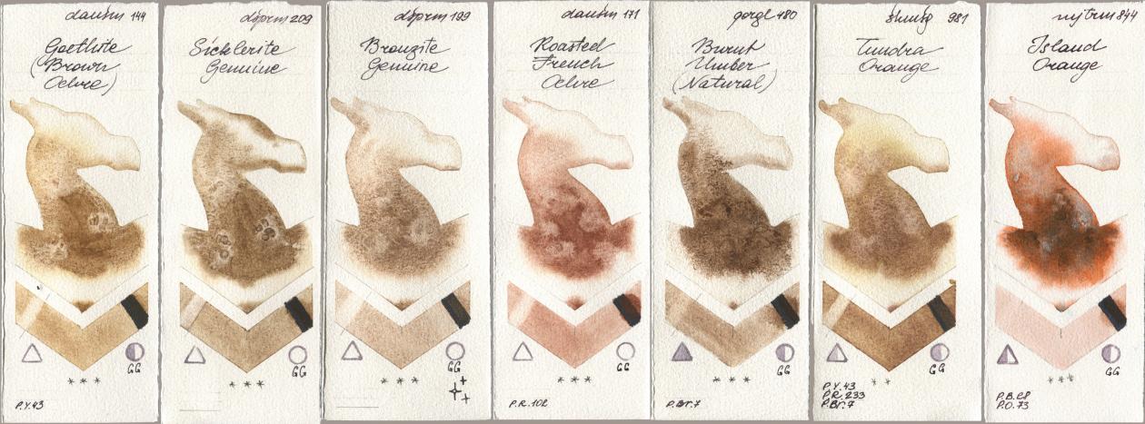 Daniel Smith 144 Goethite (Brown Ochre), 209 Sicklerite Genuine, 199 Bronzite Genuine, 171 Roasted French Ochre, Golden QOR 480 Burnt Umber (Natural), Shminke Horadam Aquarell 981 Tundra Orange, Mijello Mission Gold 844 Island Oran watercolor swatch