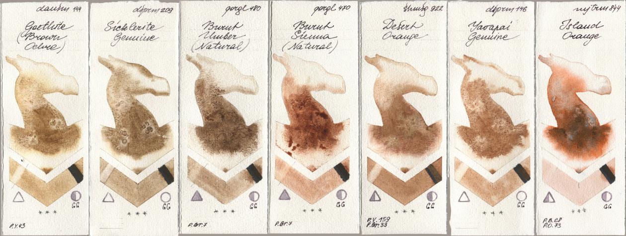 Daniel Smith 144 Goethite (Brown Ochre), 209 Sicklerite Genuine, Golden QOR 480 Burnt Umber (Natural), 470 Burnt Sienna (Natural), Shminke Horadam Aquarell 922 Desert Orange, 146 Yavapai Genuine, Mijello Mission Gold 844 Island Oran watercolor swatch